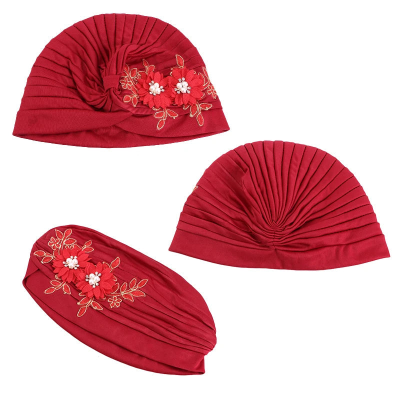 Turban à fleurs 3D brillantes pour femmes – foulard, hijab et bonnet plissé, accessoire tendance couleur vert 2. https://mamizora.fr/