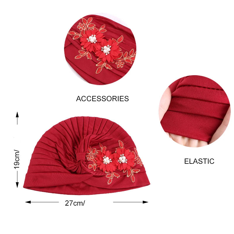 Turban à fleurs 3D brillantes pour femmes – foulard, hijab et bonnet plissé, accessoire tendance couleur vert 1. https://mamizora.fr/